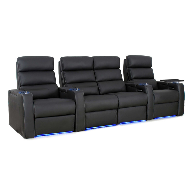 Upholstered Power Reclining Home Theater Seat with Cup Holder, Black Genuine Leather