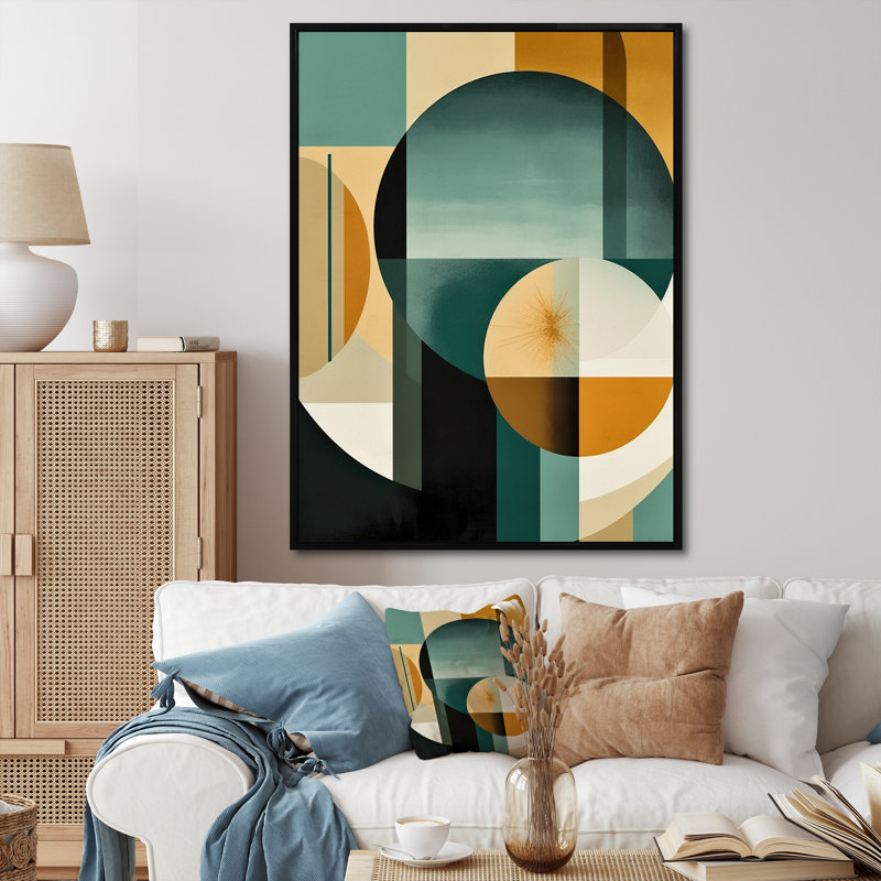 Pleine lune grâce rétro or et bleu sarcelle abstrait I - impression, H 44 po x l 34 po x P 1,5 po, Cadre flottant noir