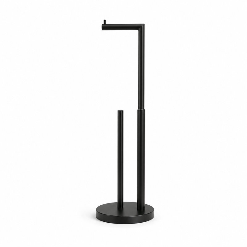 Porte-papier hygiénique sur pied à hauteur réglable avec rangement pour rouleau de rechange, Noir mat