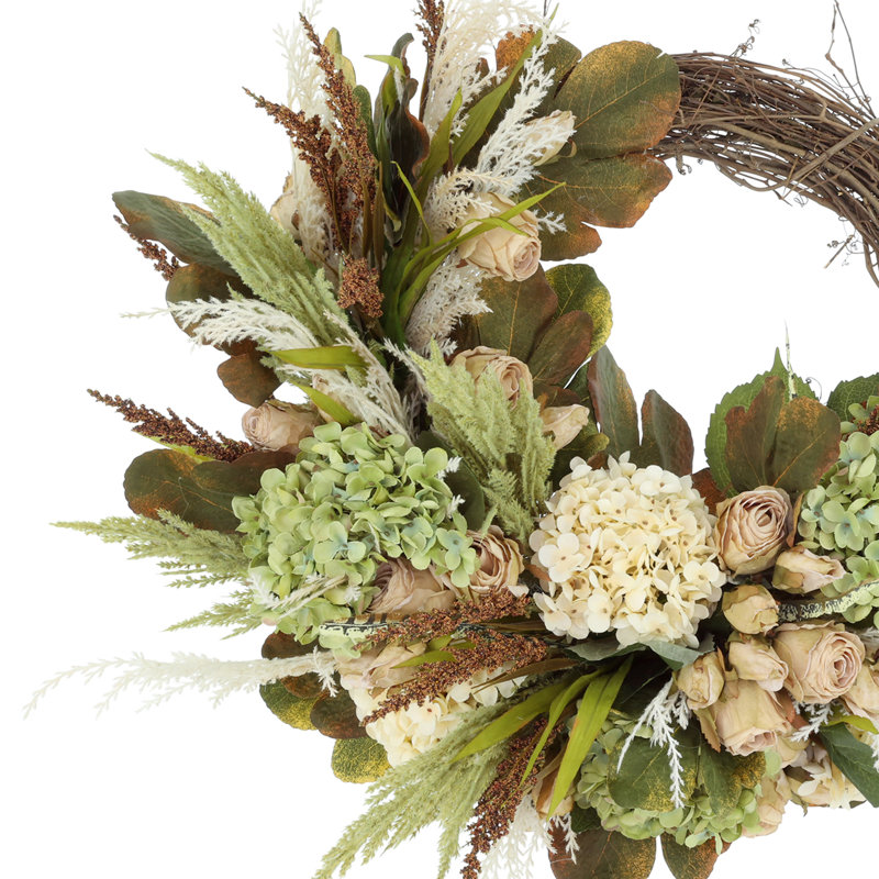 28"  Grapevine Wreath with Roses, Hydrangeas and Pampas