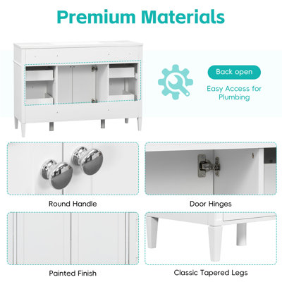 Ensemble de meuble-lavabo autoportant en MDF avec 6 tiroirs et 2 portes, ensemble de meuble-lavabo blanc avec cuve en composite, charnières à fermeture en douceur et poignées en métal argenté 48 po
