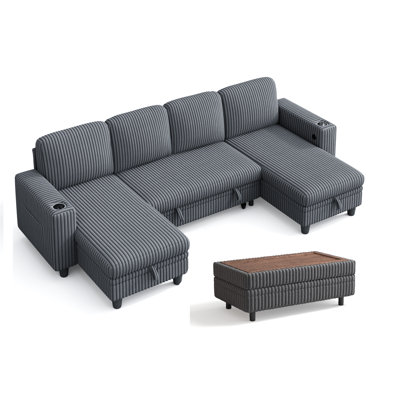 Sherry 81'' Upholstered Modular Sleeper U-shape Sectionals with Ottoman, Storage Chaise, USB Charging & Cup Holders