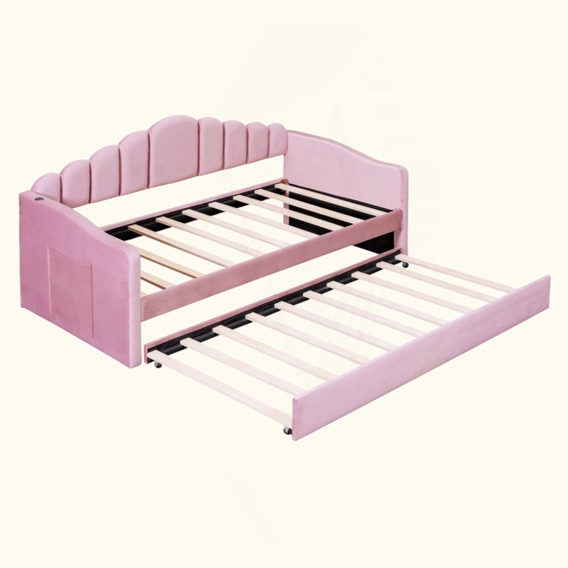 Upholstered Daybed With Trundle ,Velvet Sofabed With USB Charging Ports,No Box-Spring Needed