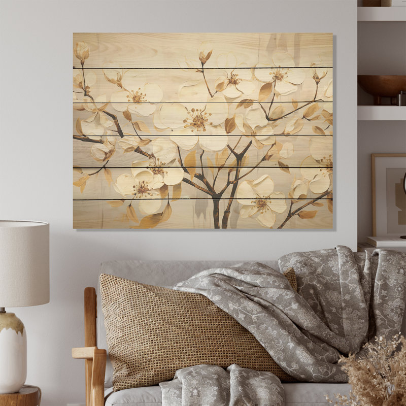 Paix en cornouiller blanc doré - Art mural en bois de cornouiller sur bois de pin naturel, H 24 po x l 32 po