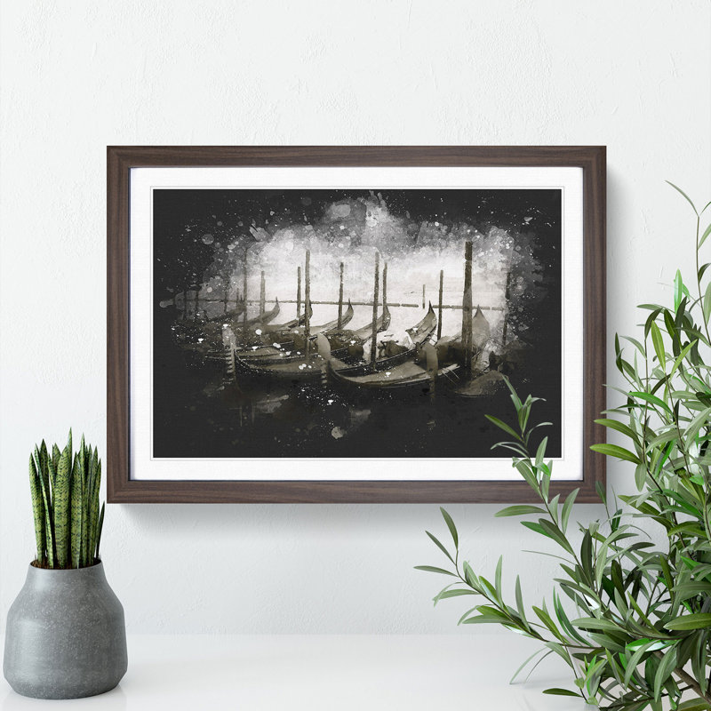 Docked Gondolas In Venice Italy Paint Splash - Framed Print, 45cm H x 63cm W x 2cm D, Walnut Framed