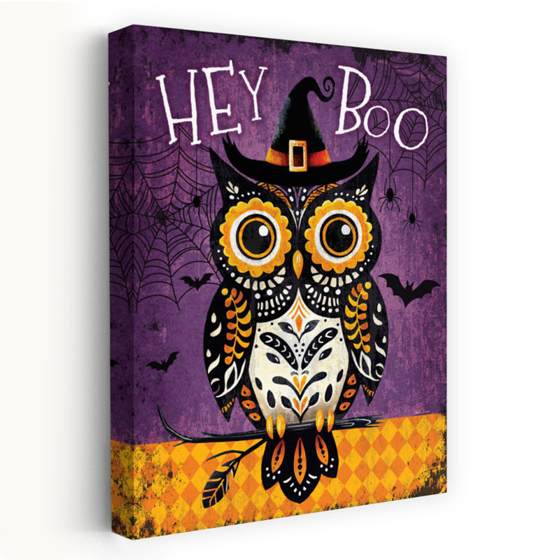 Hibou «Hey Boo» - art contemporain d'Halloween au chapeau de sorcière, H 48 po x l 32 po