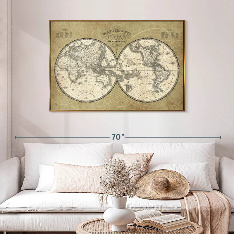 Carte du monde français I, 25 po x 17 po, Cadre flottant doré
