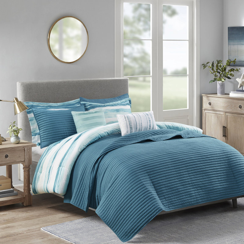 Courtepointe pour couette double / grand 8 pièces Seersucker, Turquoise, Édredon grand + 7 pièces supplémentaires inclus