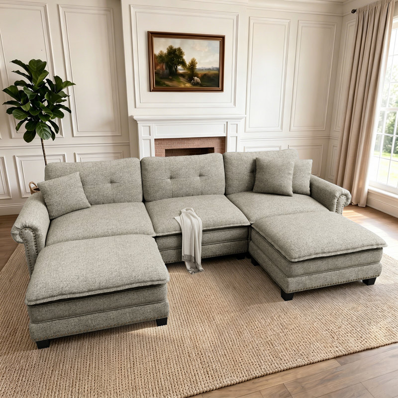 124" Modular Sectional Sofa With Nailhead Trim, Oversized U Shaped Couches With Ottomans, 5-seater Deep Seat Sofa With Throw Pillow