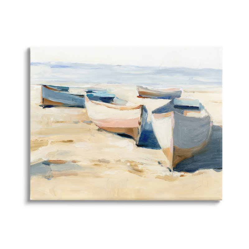 Peinture de bateaux sur la plage par Ethan Harper, Encadré gris, H 24 po x l 30 po x P 1,5 po