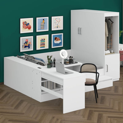 Lit plateforme double en bois avec 6 tiroirs, tablettes, bureau et garde-robe