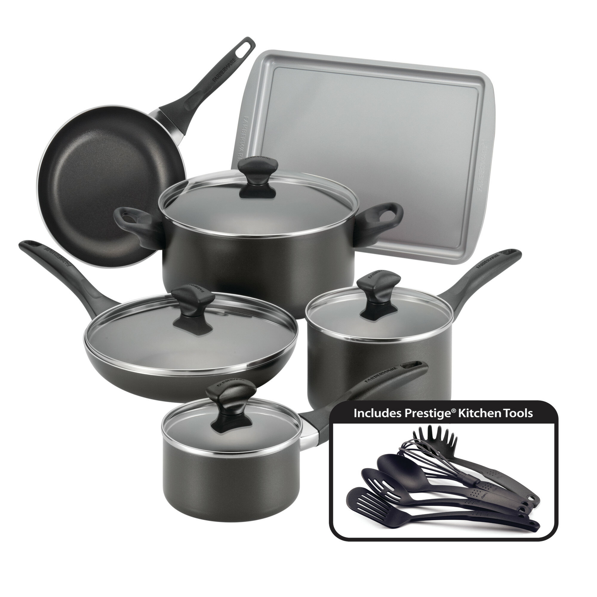 15pc Dishwasher Safe Nonstick Cookware Set, Pewter