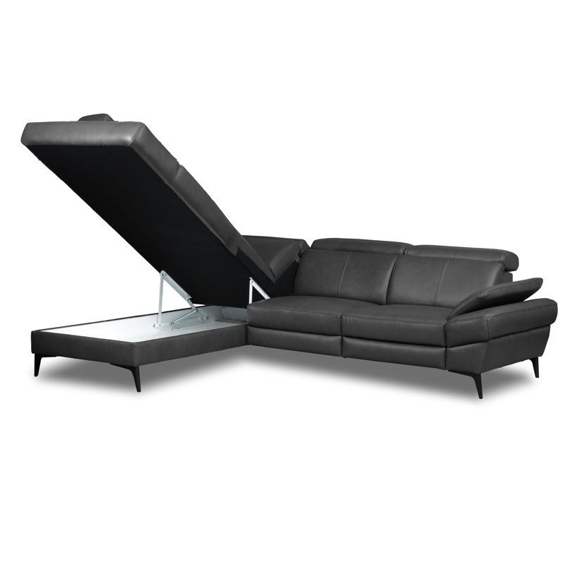 Genuine Leather Reclining Corner Sofa with Adjustable Headrests and Adjustable Armrest and Storage, Left Hand Facing, Grey