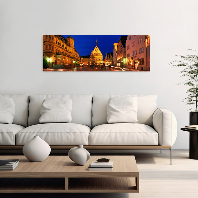 Town Center Decorated With Christmas Lights Rothenburg Germany 1 Piece Wrapped Canvas Panoramic Wall Art