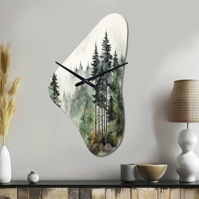 «Pine Tree Misty Morning I», pin - horloge asymétrique, Médium