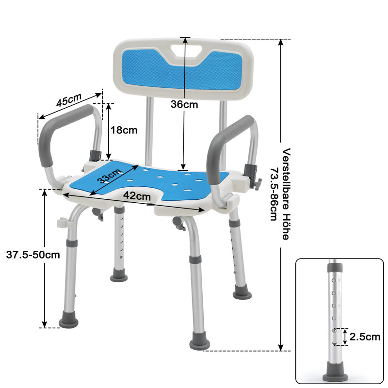 Shower Chair with Backrest & Armrests Shower Stool to Sit on in Shower Bath Seat with EVA Pad Shower Seat Height Adjustable 37.5-50cm for Bathroom Bathtub, 150kg Capacity