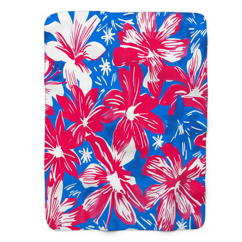 Ruby et fleurs de cobalt - couverture Sherpa de qualité supérieure 1 pièce, Grand lit