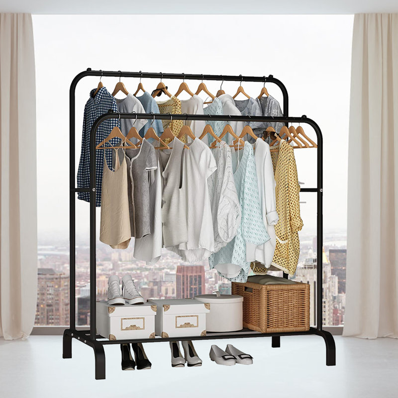 Portant à vêtements autoportant double poteau multifonctionnel, porte-vêtements en métal avec tablettes, noir