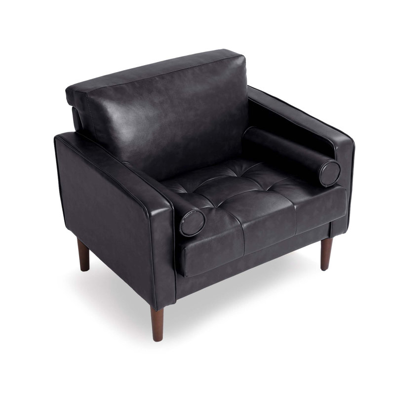 Fauteuil club capitonné Iliana en similicuir, accoudoirs carrés, avec 2 coussins, Similicuir noir