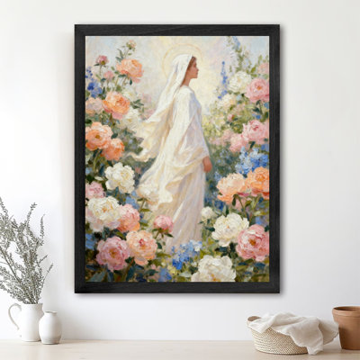 Black Framed Vintage The Holy Statue in the Flowers Wall Art Romantic Religious Impressionist Oil Painting Style Framed Prints
