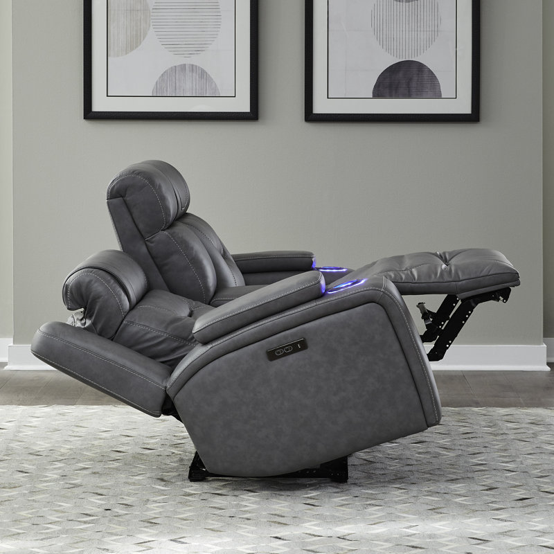 Causeuse Kerven Zero Gravity Power avec console et haut-parleurs Bluetooth, Cuir véritable gris foncé