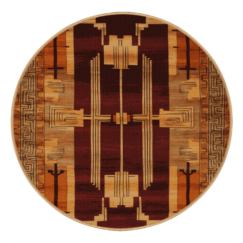 Tapis art déco brun lavable à la machine, Rond 6 pi