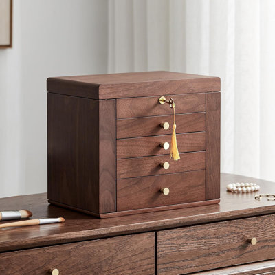 Black Walnut Wooden Jewelry Organizer Box For Women With Mirror, Lock & Key, 5 Drawers And 2 Side Doors - Elegant Storage For Necklaces, Rings, Earrings, Watches And Bracelets