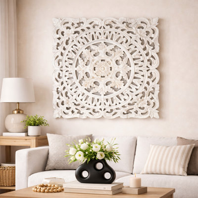 Wood Wall Accent | White Square Shape Handcrafted Wooden Wall Decor | Hand Carved Mandala Wall Accent | 36"x36" Elegant Home Accent