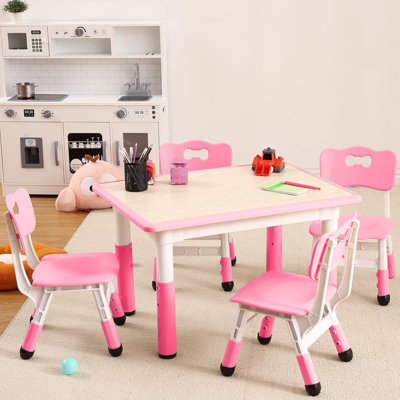 Kids Table and 4 Chairs Set, Height Adjustable Toddler Table with Graffiti Desktop