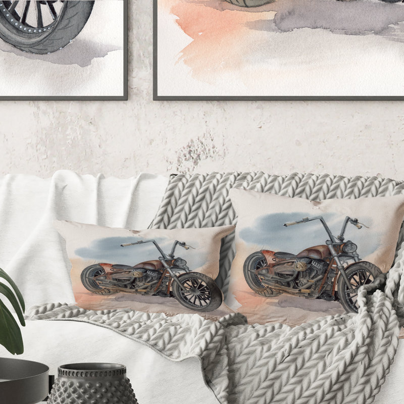 Motocyclette rétro sur ciel bleu - Coussin décoratif imprimé vintage 1