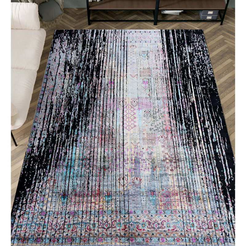 Tapis noir et multicolore de haute qualité noué à la main, Rectangle 10 pi x 14 pi