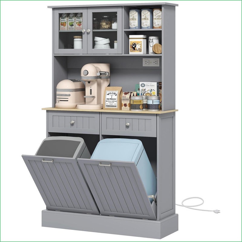 Armoire de cuisine avec station de charge, poubelle inclinable et amp; Support pour micro-ondes, gris | Portes en verre | Panneau de fibres à densité moyenne