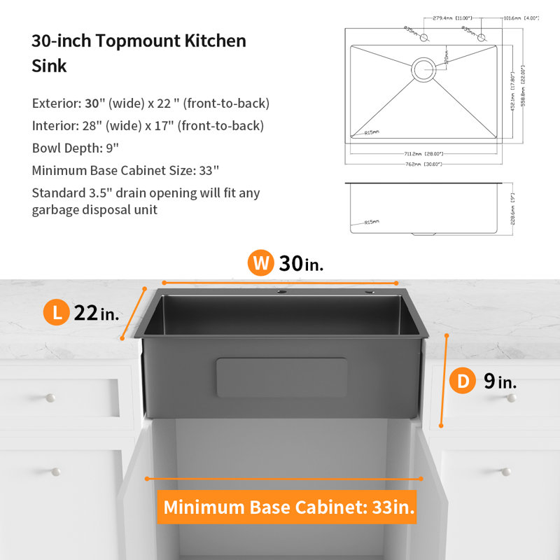 30'' L Single Bowl Stainless Steel Kitchen Sink