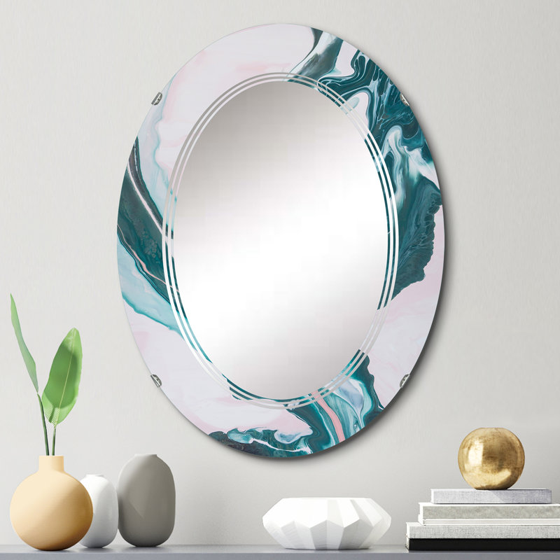 Liquide turquoise bleu et blanc marbre art II - miroir mural moderne ovale, 30 po x 20 po