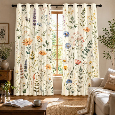 Ensemble de 2 rideaux à œillets imprimé floral aquarelle, style bohème champêtre, motif botanique vintage, occultants, parfaits pour le salon ou la chambre à coucher.