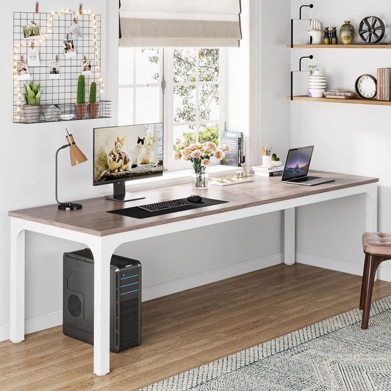 Bureau d'ordinateur très long 78,7 pouces pour 2 personnes, poste de travail double pour bureau à domicile avec pieds en acier robuste, finition chêne et blanc