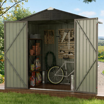Remise de rangement extérieure 6 pi x 4 pi, remise pour outils de jardin, toit incliné, double porte verrouillable, finition en métal brun, convient aux jardins, aux cours, aux patios et aux pelouses.