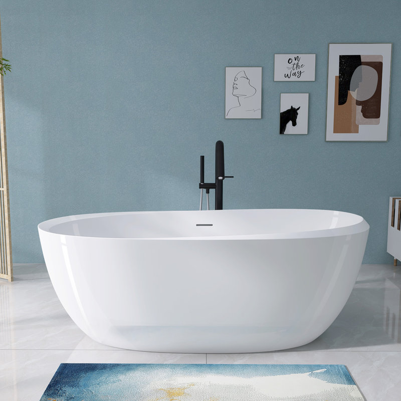 Freestanding Bathtub 59 in. White Contemporary Stand Alone Extra Deep Wide Soaking Tub with Center Drain