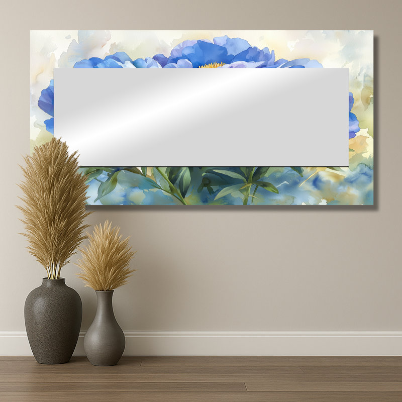 Pivoines bleues dans le pré II - décoration murale miroir floral - imprimé sur métal, 28 po x 55 po