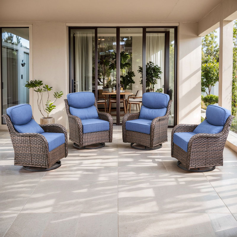 Abbey 4-Piece Patio Swivel Glider Chair Set, 6-Inch Ultra-Plush Cushions & Water-Resistant Olefin Fabric, Blue, Brown