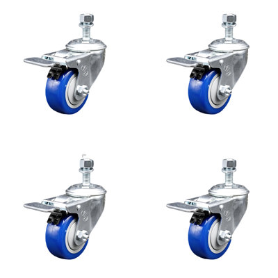 3.5 Inch SS Blue Polyurethane ½ Inch Threaded Stem Caster Set Total Lock Brake