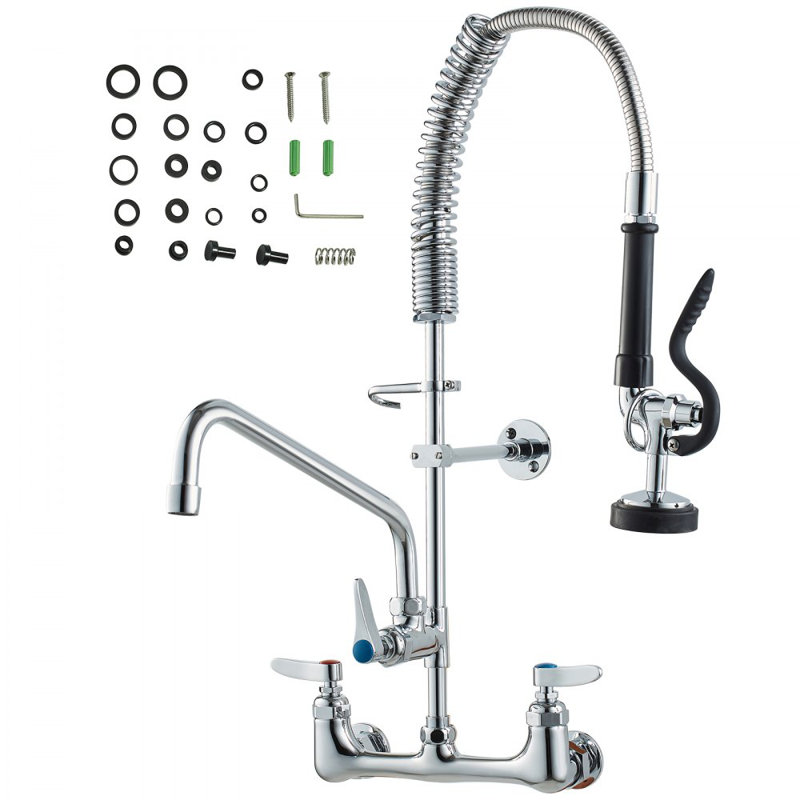 Commercial Faucet with Pre-Rinse Sprayer, 25" Height, 8" Center, 12" Swing Spout, Wall Mount Kitchen Sink Faucet, Brass Constructed Device with Pull Down Spray, for 1/2/3 Compartment Sink