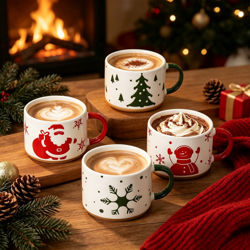 Ensemble de 4 tasses de Noël en céramique ALOFMO (30 cl), service à café festif pour 4 personnes
