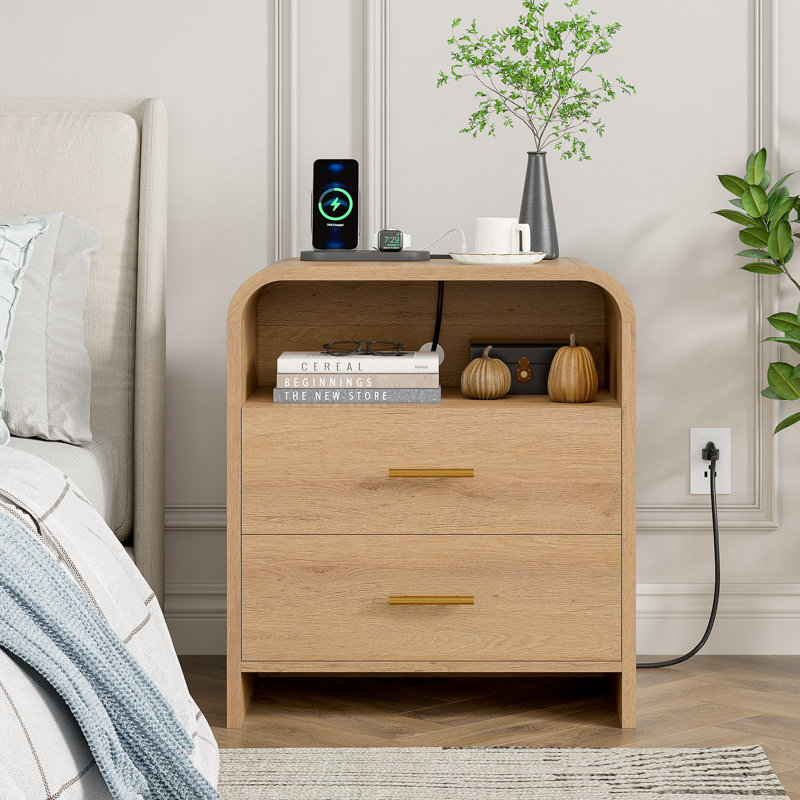 Oak Night Stand With 2 Drawers, Modern Bedside Table With Charging Station, 23.6'' Wide Wood End Table For Bedroom, Curved Profile Design (1PC)