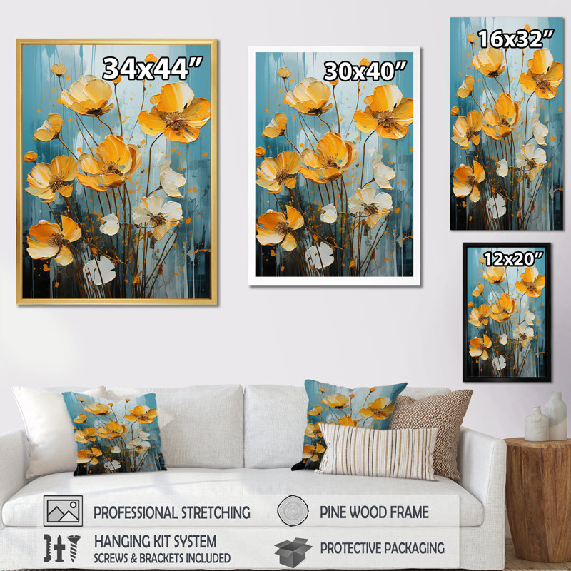 Buttercups Urban Florals sur toile, Cadre flottant blanc, H 20 po x l 12 po x P 1 po