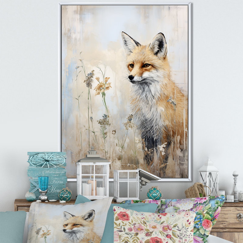 Portrait de renard minimalisme dans la forêt II sur toile, Cadre flottant blanc, 32" H x 24" W