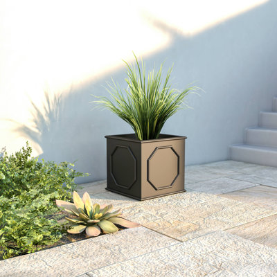Crissman Square Handmade Fiberstone MGO Clay Planter Box with Decorative Panel Design - Indoor Outdoor Use for Patio, Garden, Backyard Modern Home
