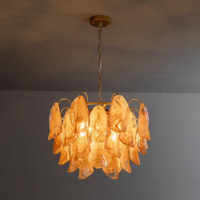 Lustre moderne à 4 lumières avec abat-jour en verre soufflé à la main en forme de feuille ambrée, suspension à chaîne réglable, diamètre 55 cm (21,65 po), idéal pour salon, salle à manger ou hall d'entrée.