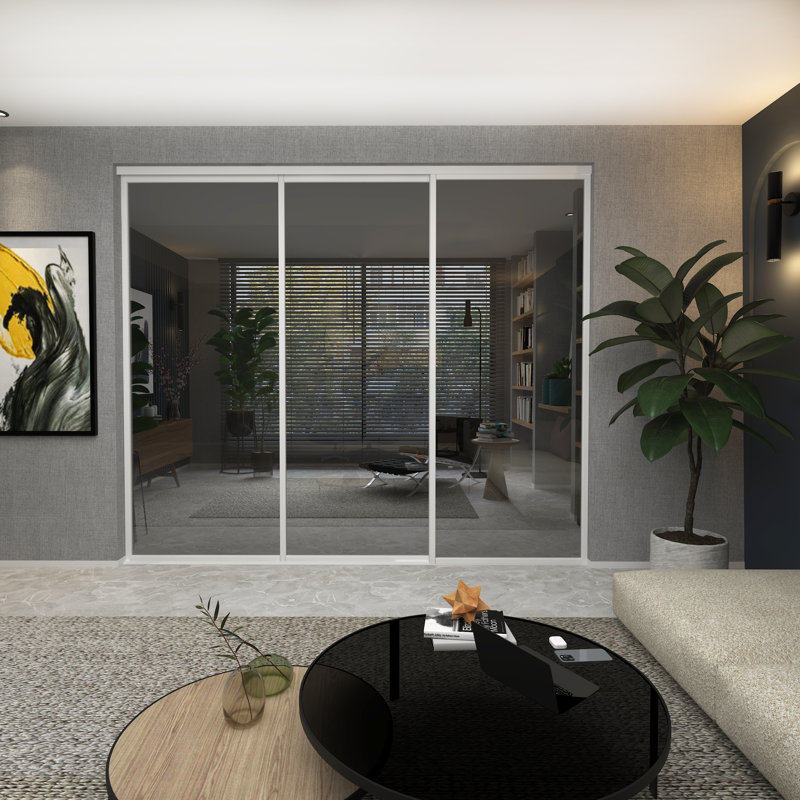 Cloison 3 panneaux coulissants en verre fumé LiteSm Cadre en aluminium avec technologie Silent Glide, 90 po x 80 po, Blanc