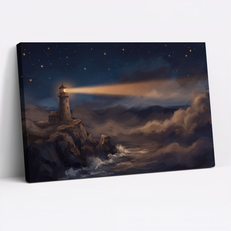 Poutre de phare sur une côte rocheuse sous les étoiles - Toile murale d'Halloween, 20"H x 30"W